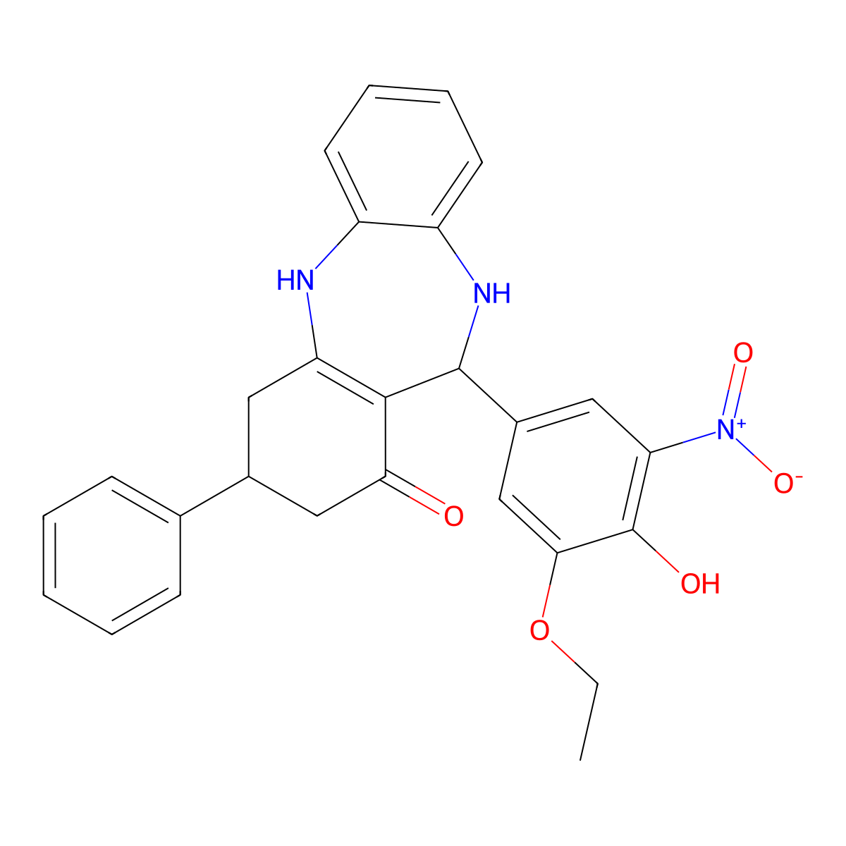 6-(3-Ethoxy-4-hydroxy-5-nitrophenyl)-9-phenyl-5,6,8,9,10,11-hexahydrobenzo[b][1,4]benzodiazepin-7-one molecular structure, CAS 297159-35-4