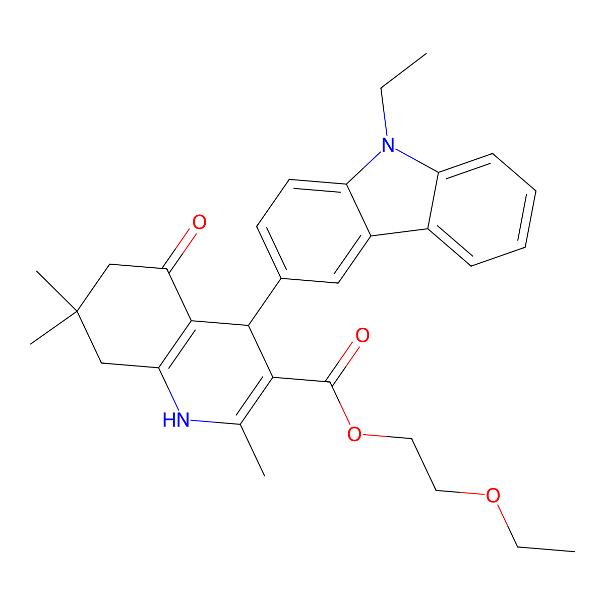 2-ethoxyethyl 4-(9-ethyl-9H-carbazol-3-yl)-2,7,7-trimethyl-5-oxo-1,4,5,6,7,8-hexahydroquinoline-3-carboxylate molecular structure, CAS 297159-37-6