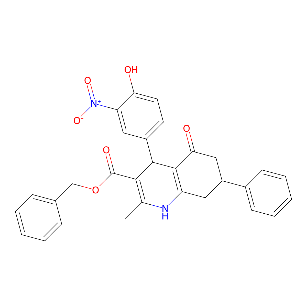 Benzyl 4-(4-hydroxy-3-nitrophenyl)-2-methyl-5-oxo-7-phenyl-1,4,5,6,7,8-hexahydroquinoline-3-carboxylate molecular structure, CAS 297159-40-1