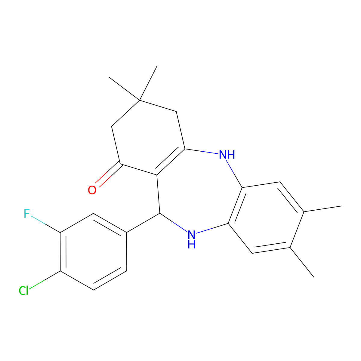 6-(4-chloro-3-fluorophenyl)-2,3,9,9-tetramethyl-6,8,10,11-tetrahydro-5H-benzo[b][1,4]benzodiazepin-7-one molecular structure, CAS 297159-51-4