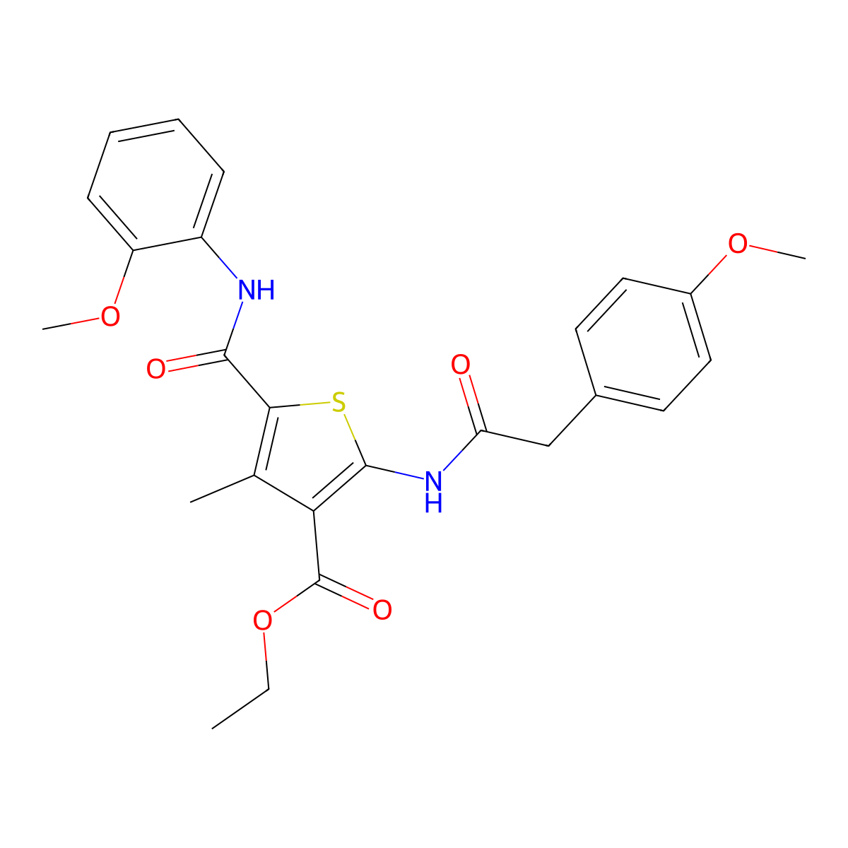 Ethyl 2-[[2-(4-methoxyphenyl)acetyl]amino]-5-[(2-methoxyphenyl)carbamoyl]-4-methylthiophene-3-carboxylate molecular structure, CAS 297159-57-0