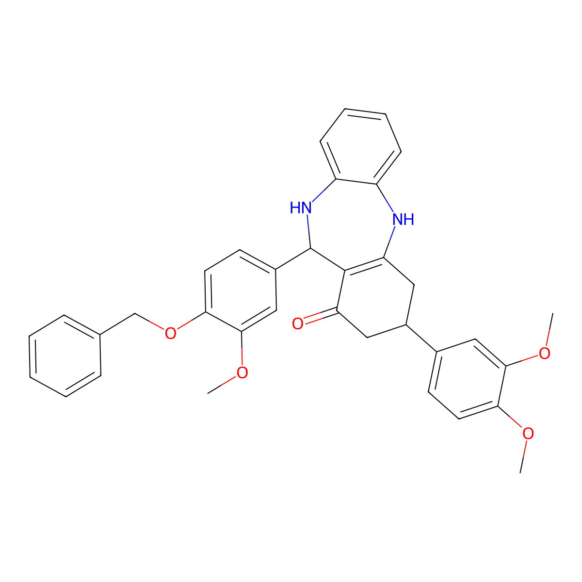 9-(3,4-Dimethoxyphenyl)-6-(3-methoxy-4-phenylmethoxyphenyl)-5,6,8,9,10,11-hexahydrobenzo[b][1,4]benzodiazepin-7-one molecular structure, CAS 297159-71-8