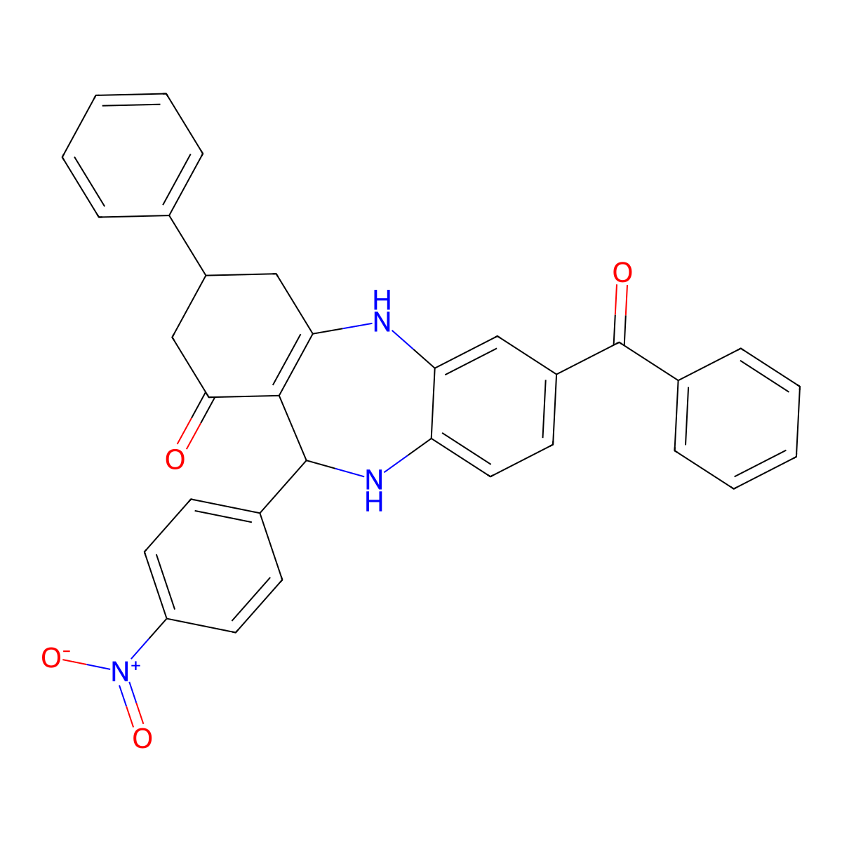 2-Benzoyl-6-(4-nitrophenyl)-9-phenyl-5,6,8,9,10,11-hexahydrobenzo[b][1,4]benzodiazepin-7-one molecular structure, CAS 297160-16-8