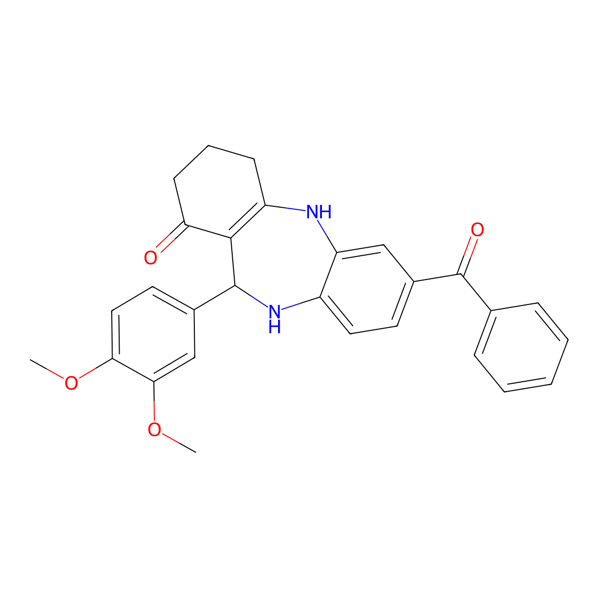 2-Benzoyl-6-(3,4-dimethoxyphenyl)-5,6,8,9,10,11-hexahydrobenzo[b][1,4]benzodiazepin-7-one molecular structure, CAS 297160-20-4