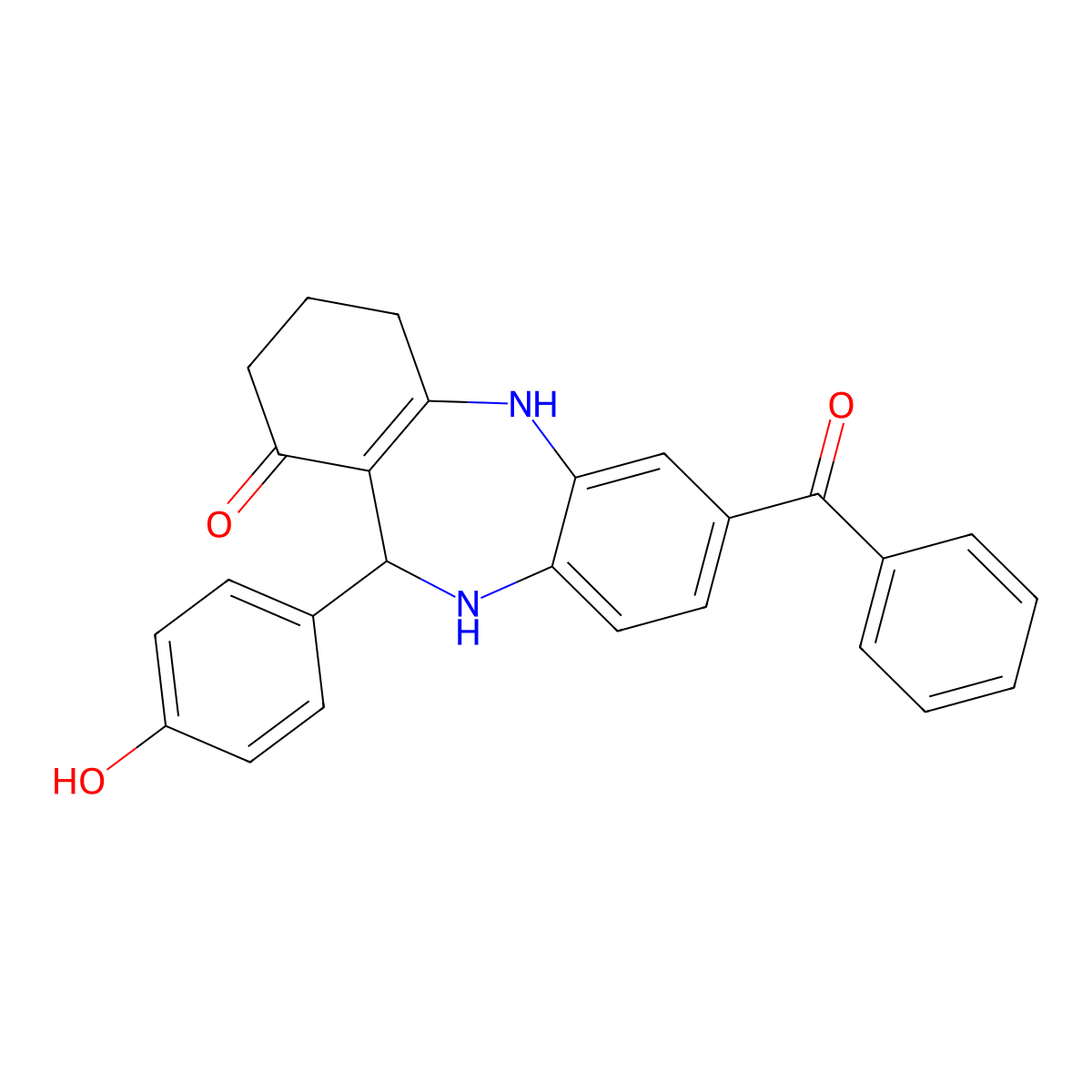 2-Benzoyl-6-(4-hydroxyphenyl)-5,6,8,9,10,11-hexahydrobenzo[b][1,4]benzodiazepin-7-one molecular structure, CAS 297160-44-2