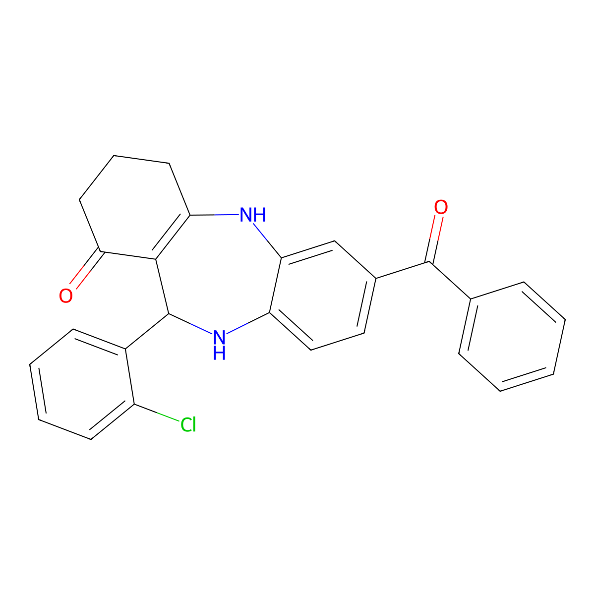 2-Benzoyl-6-(2-chlorophenyl)-5,6,8,9,10,11-hexahydrobenzo[b][1,4]benzodiazepin-7-one molecular structure, CAS 297160-46-4