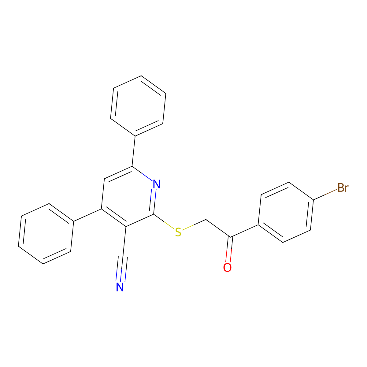 2-((2-(4-Bromophenyl)-2-oxoethyl)thio)-4,6-diphenylnicotinonitrile molecular structure, CAS 297162-21-1