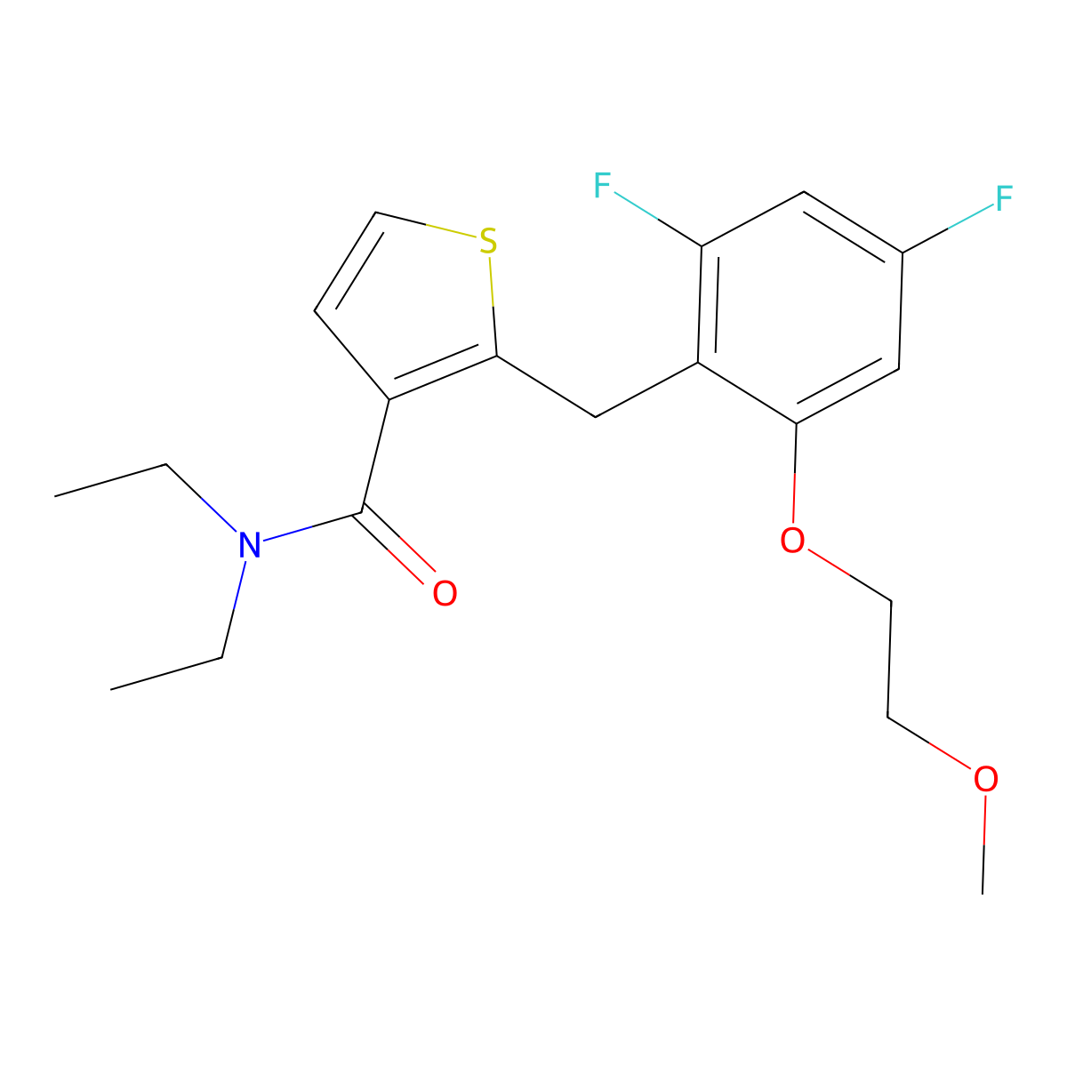 2-(2,4-difluoro-6-(2-methoxyethoxy)benzyl)-N,N-diethylthiophene-3-carboxamide molecular structure, CAS 2971747-78-9