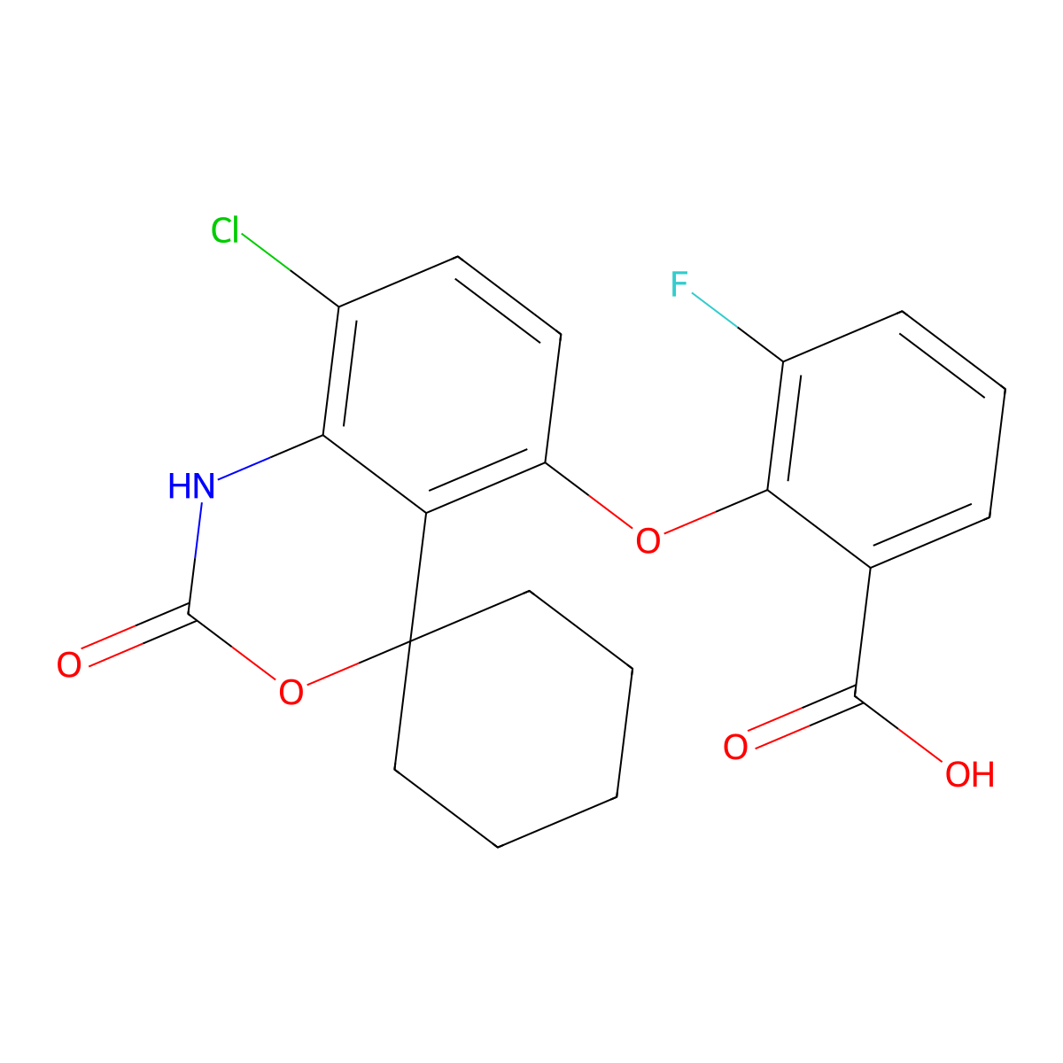 2-((8-Chloro-2-oxo-1,2-dihydrospiro[benzo[d][1,3]oxazine-4,1'-cyclohexan]-5-yl)oxy)-3-fluorobenzoic acid molecular structure, CAS 2972185-15-0
