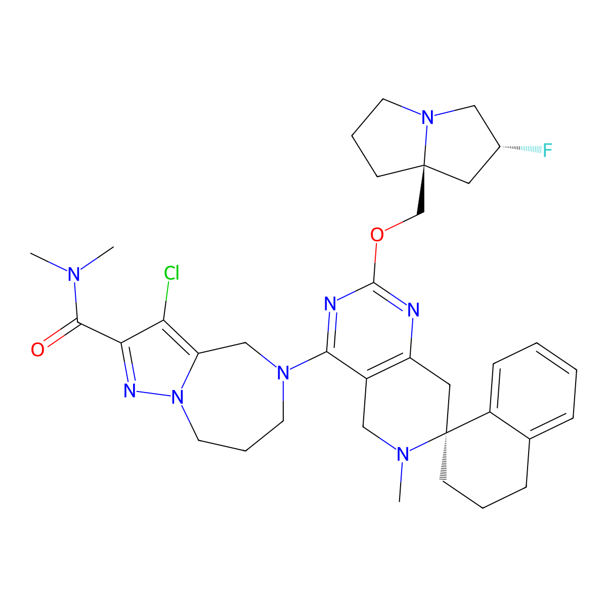 3-chloro-5-((S)-2'-(((2R,7aS)-2-fluorotetrahydro-1H-pyrrolizin-7a(5H)-yl)methoxy)-6'-methyl-3,4,5',8'-tetrahydro-2H,6'H-spiro[naphthalene-1,7'-pyrido[4,3-d]pyrimidin]-4'-yl)-N,N-dimethyl-5,6,7,8-tetrahydro-4H-pyrazolo[1,5-a][1,4]diazepine-2-carboxamide molecular structure, CAS 2972625-49-1