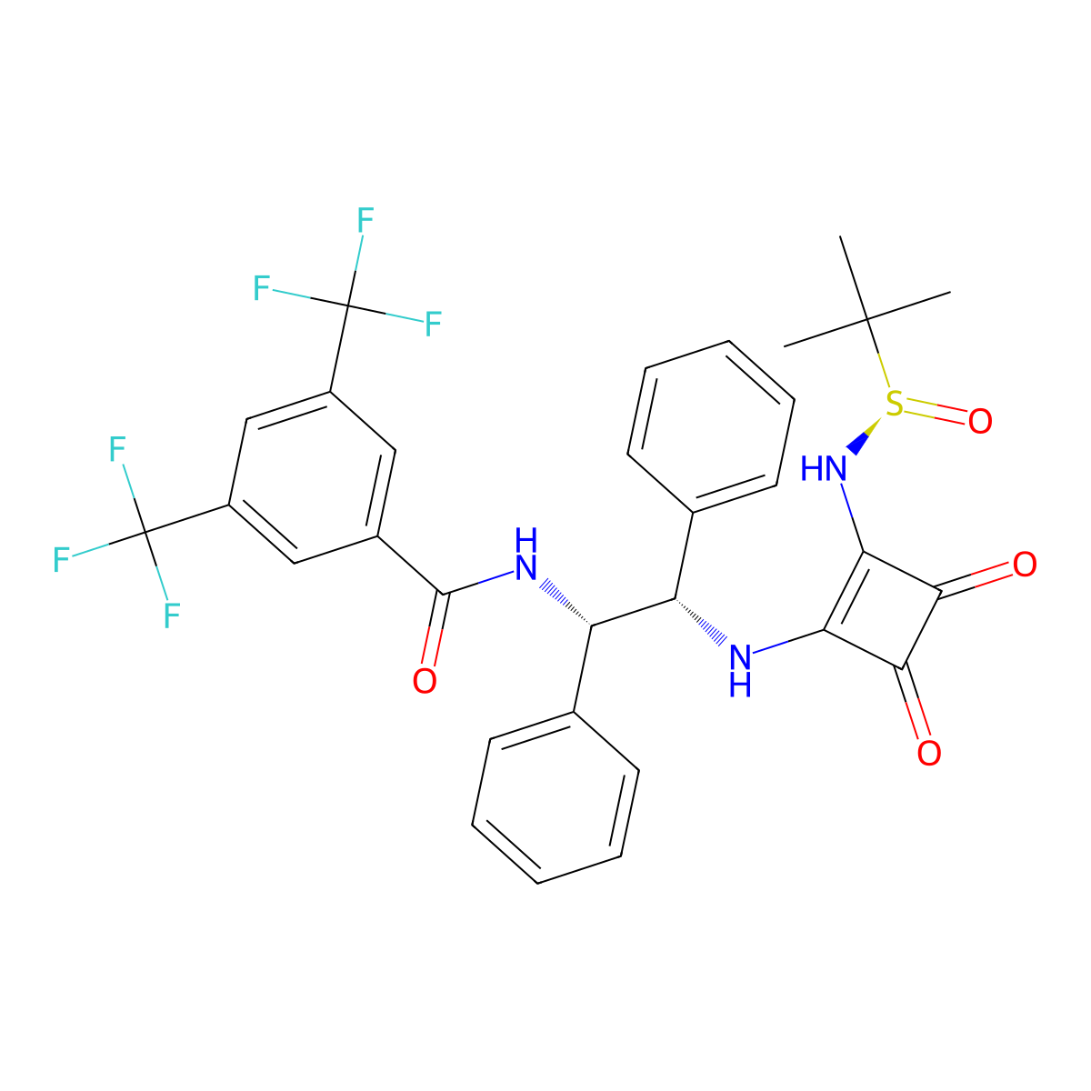 N-((1S,2S)-2-((2-(((R)-tert-Butylsulfinyl)amino)-3,4-dioxocyclobut-1-en-1-yl)amino)-1,2-diphenylethyl)-3,5-bis(trifluoromethyl)benzamide molecular structure, CAS 2972711-75-2