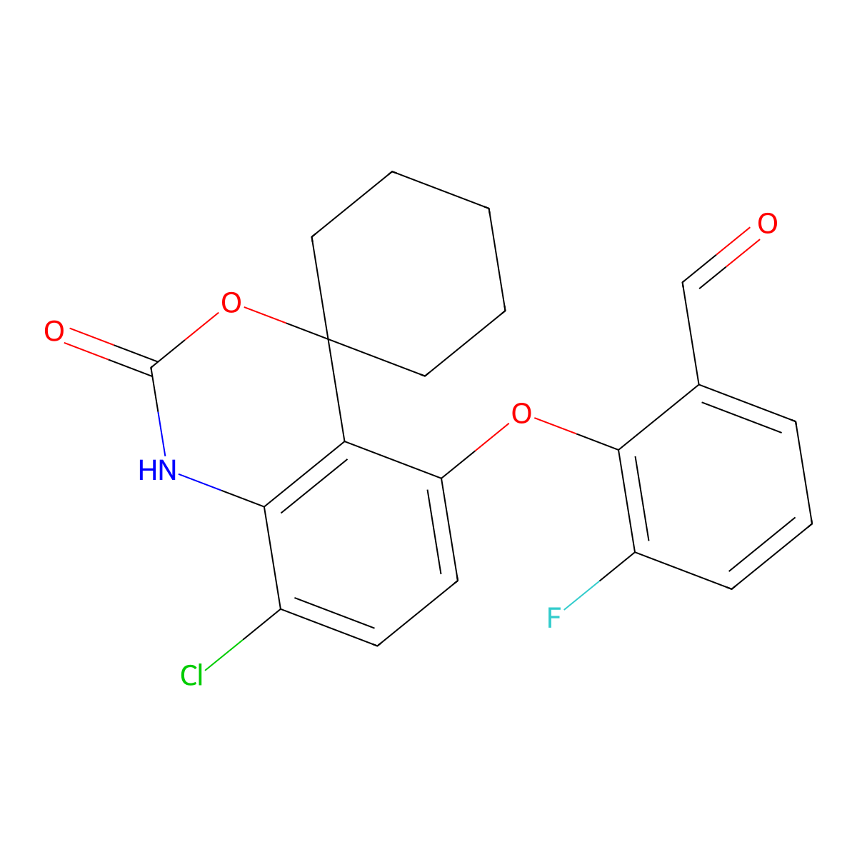2-((8-Chloro-2-oxo-1,2-dihydrospiro[benzo[d][1,3]oxazine-4,1'-cyclohexan]-5-yl)oxy)-3-fluorobenzaldehyde molecular structure, CAS 2972834-42-5