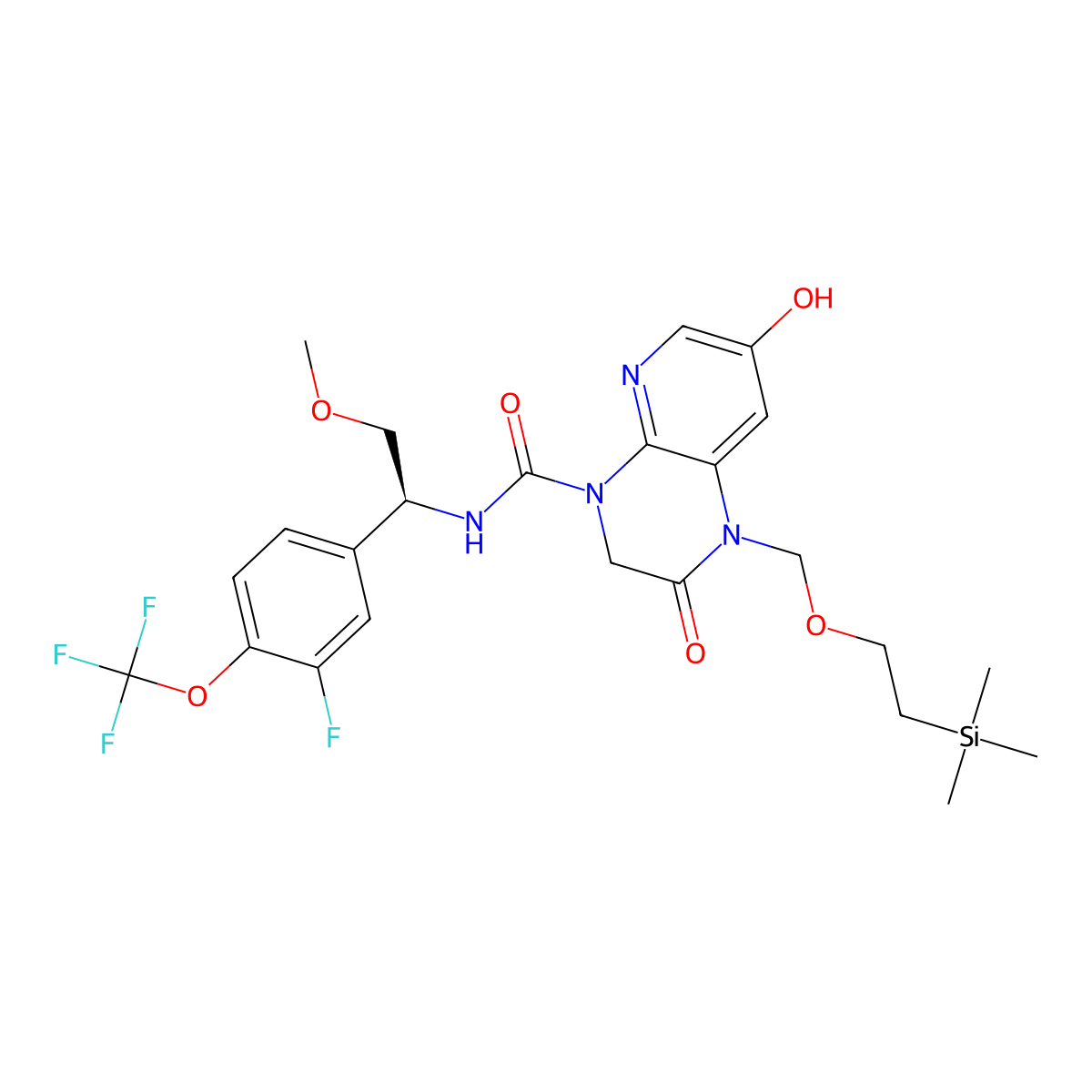 (S)-N-(1-(3-fluoro-4-(trifluoromethoxy)phenyl)-2-methoxyethyl)-7-hydroxy-2-oxo-1-((2-(trimethylsilyl)ethoxy)methyl)-2,3-dihydropyrido[2,3-b]pyrazine-4(1H)-carboxamide molecular structure, CAS 2972834-50-5