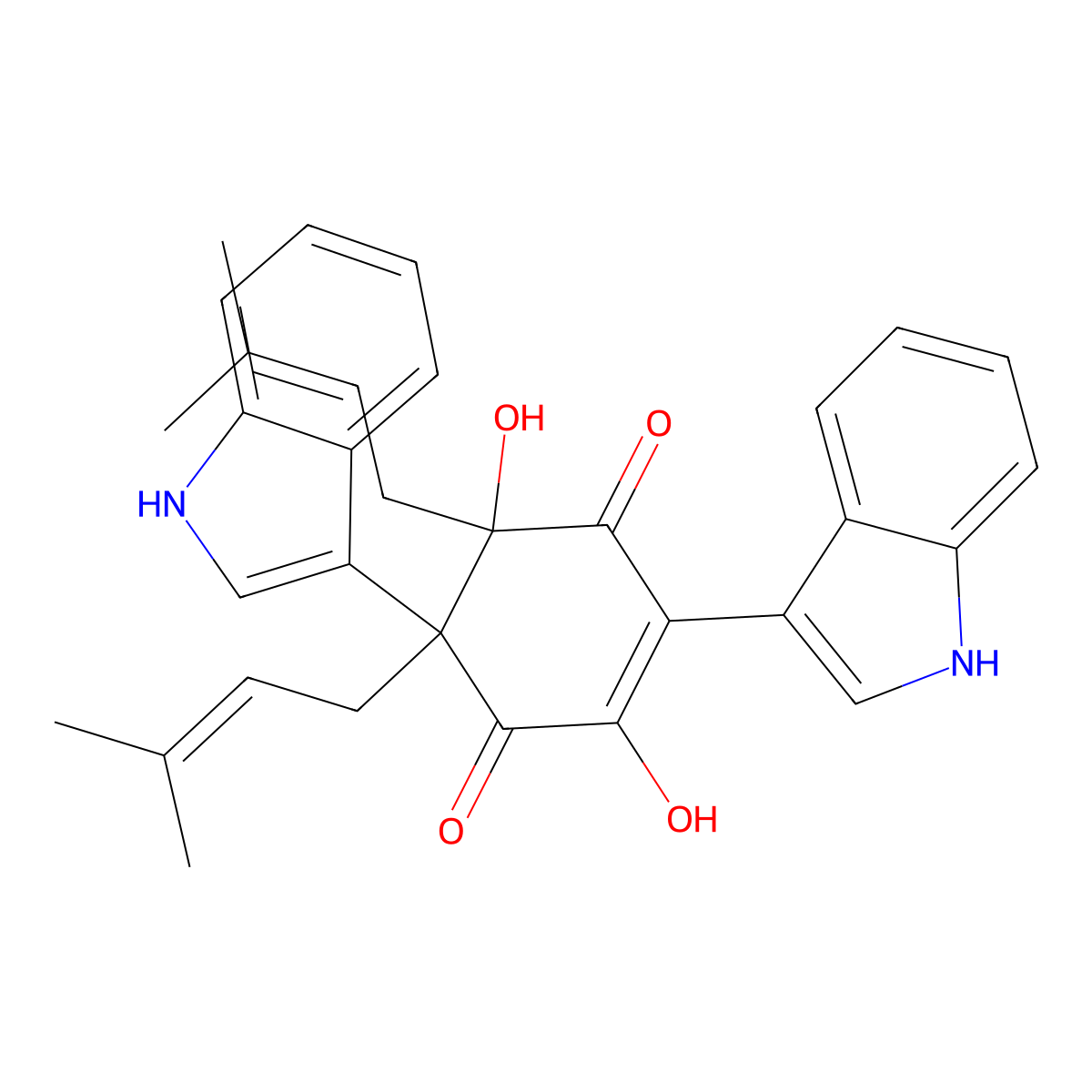 2,5-dihydroxy-3,6-bis(1H-indol-3-yl)-5,6-bis(3-methylbut-2-enyl)cyclohex-2-ene-1,4-dione molecular structure, CAS 2973127-91-0