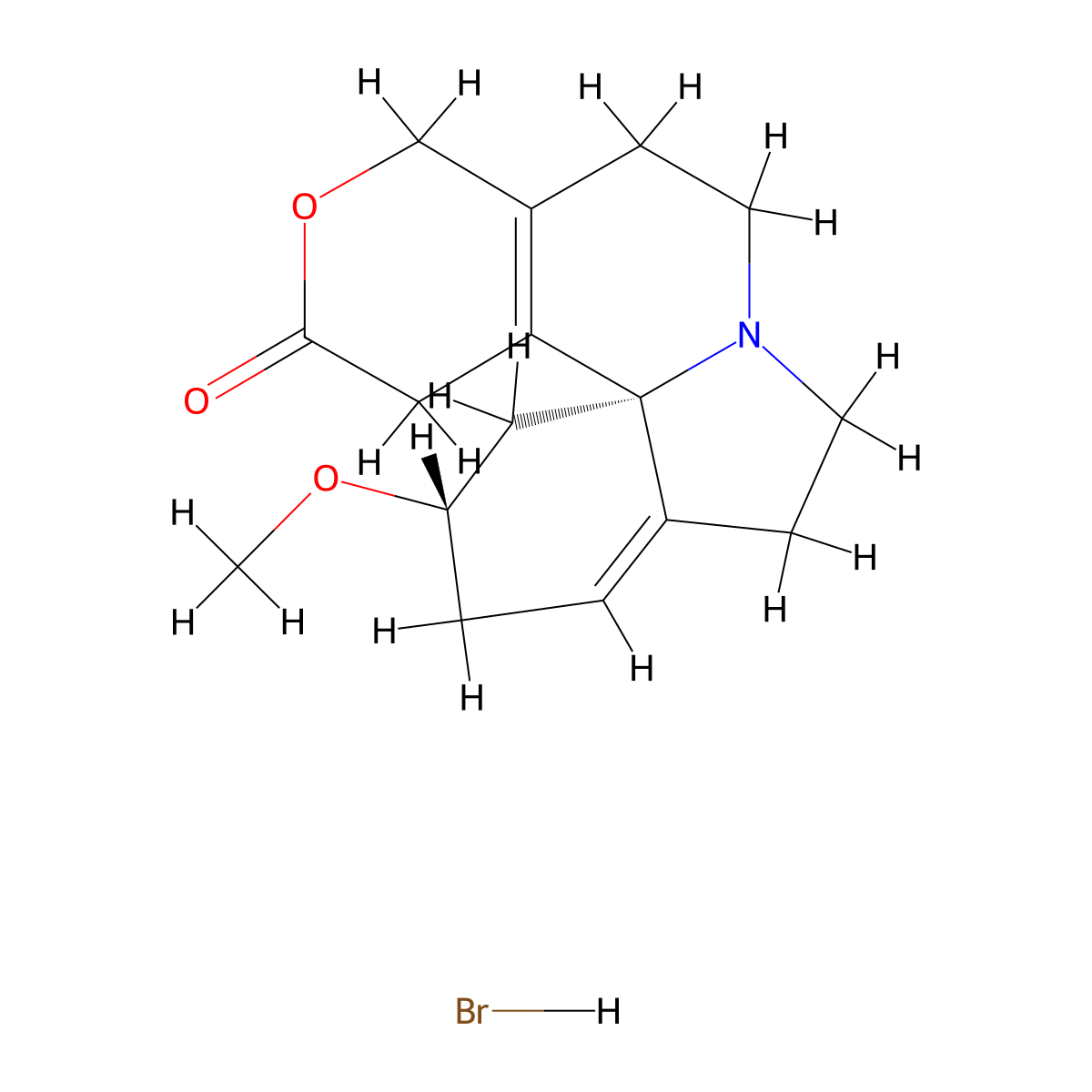 1H,12H-Pyrano(4',3':3,4)pyrido(2,1-i)indol-12-one, 2,3,5,6,8,9,10,13-octahydro-2-methoxy-, hydrobromide (1:1), (2S,13bS)- molecular structure, CAS 29734-68-7