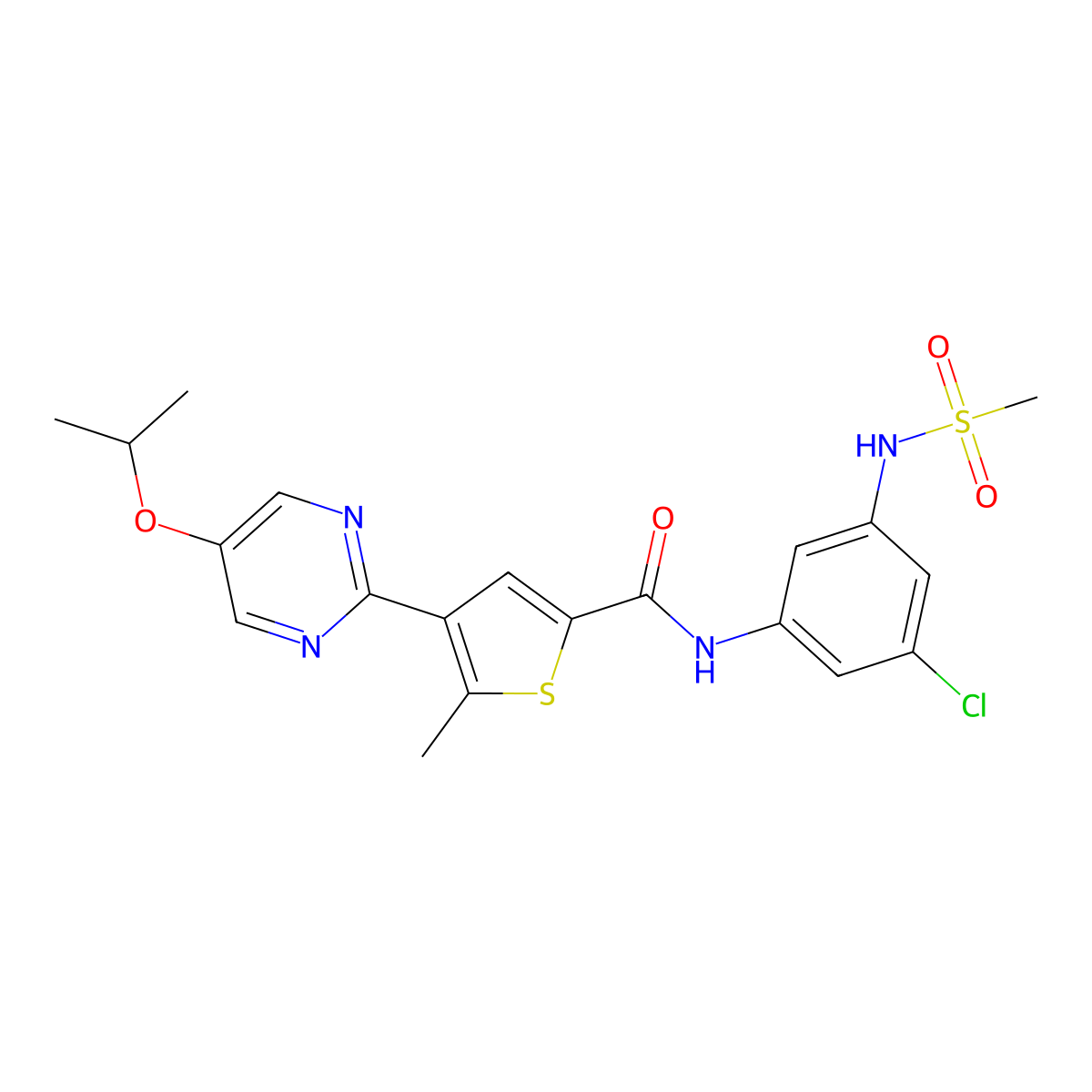 N-(3-Chloro-5-(methylsulfonamido)phenyl)-4-(5-isopropoxypyrimidin-2-yl)-5-methylthiophene-2-carboxamide molecular structure, CAS 2973400-78-9
