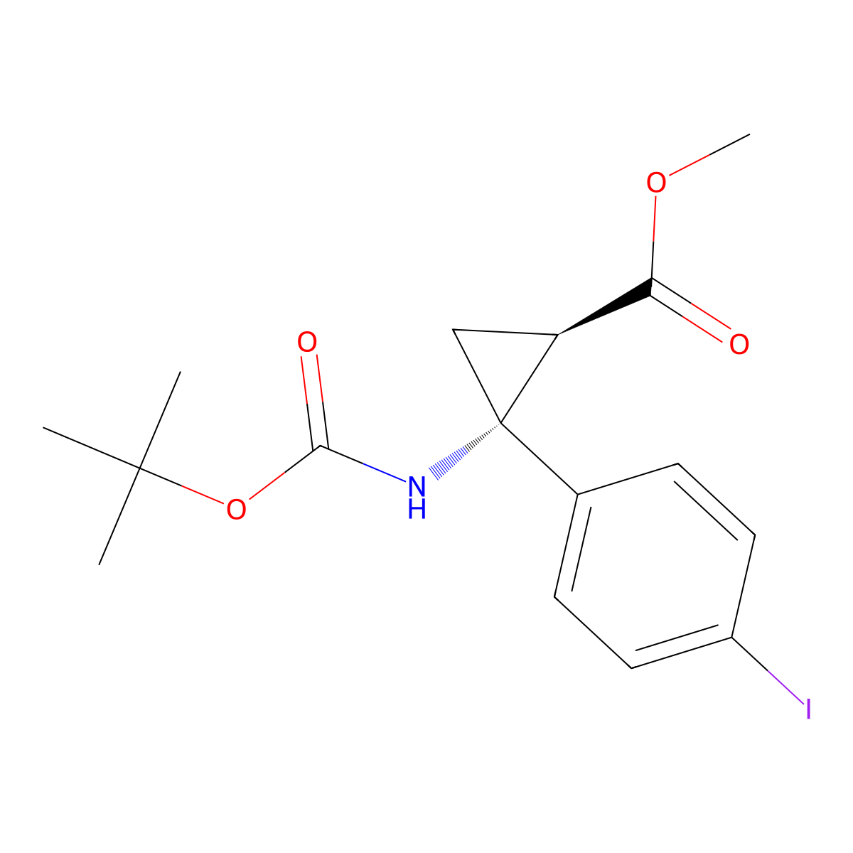 rac-methyl (1R,2R)-2-{[(tert-butoxy)carbonyl]amino}-2-(4-iodophenyl)cyclopropane-1-carboxylate molecular structure, CAS 2973404-23-6