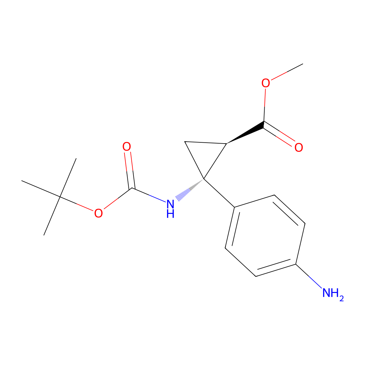rac-methyl (1R,2R)-2-(4-aminophenyl)-2-{[(tert-butoxy)carbonyl]amino}cyclopropane-1-carboxylate molecular structure, CAS 2973404-57-6
