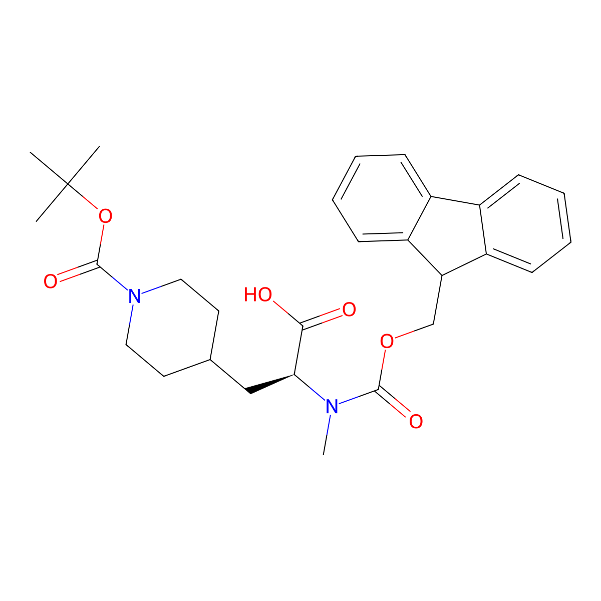 (S)-2-((((9H-Fluoren-9-YL)methoxy)carbonyl)(methyl)amino)-3-(1-(tert-butoxycarbonyl)piperidin-4-YL)propanoic acid molecular structure, CAS 2973753-79-4