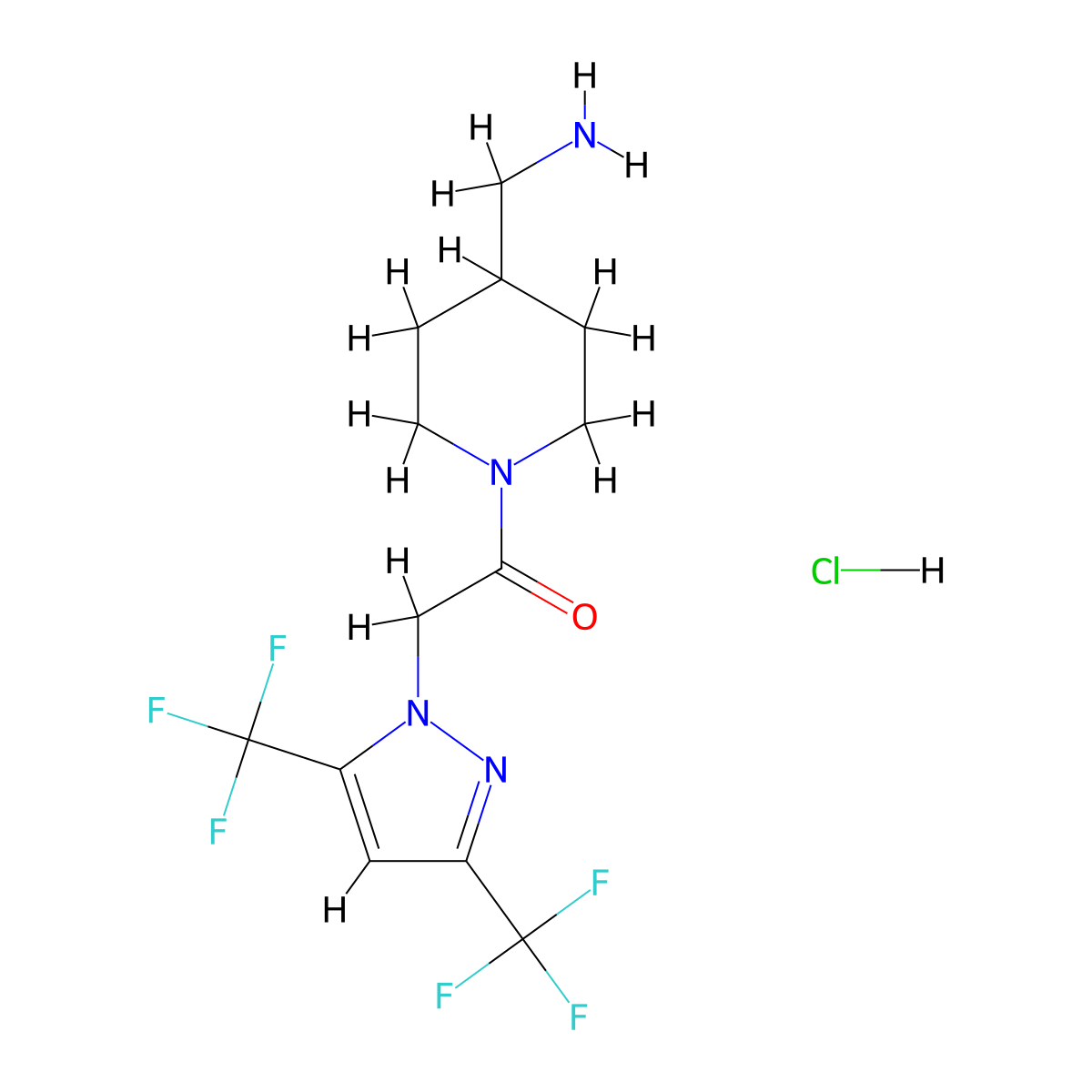1-[4-(aminomethyl)piperidin-1-yl]-2-[3,5-bis(trifluoromethyl)-1H-pyrazol-1-yl]ethan-1-one hydrochloride molecular structure, CAS 2973762-90-0