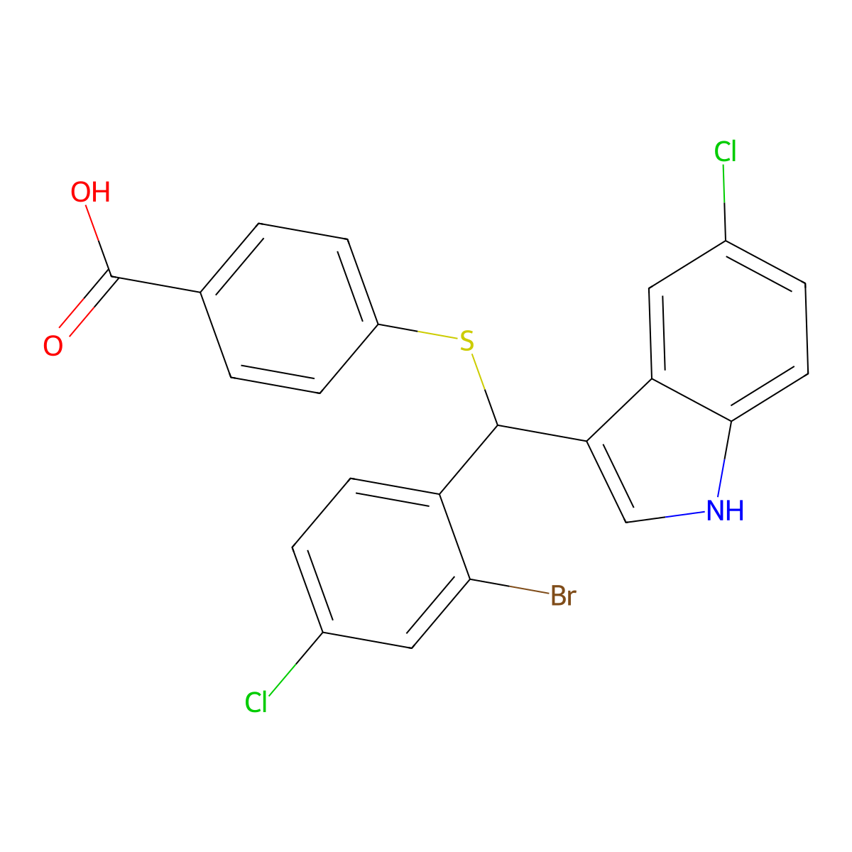 4-(((2-Bromo-4-chlorophenyl)(5-chloro-1H-indol-3-YL)methyl)thio)benzoic acid molecular structure, CAS 2973762-93-3