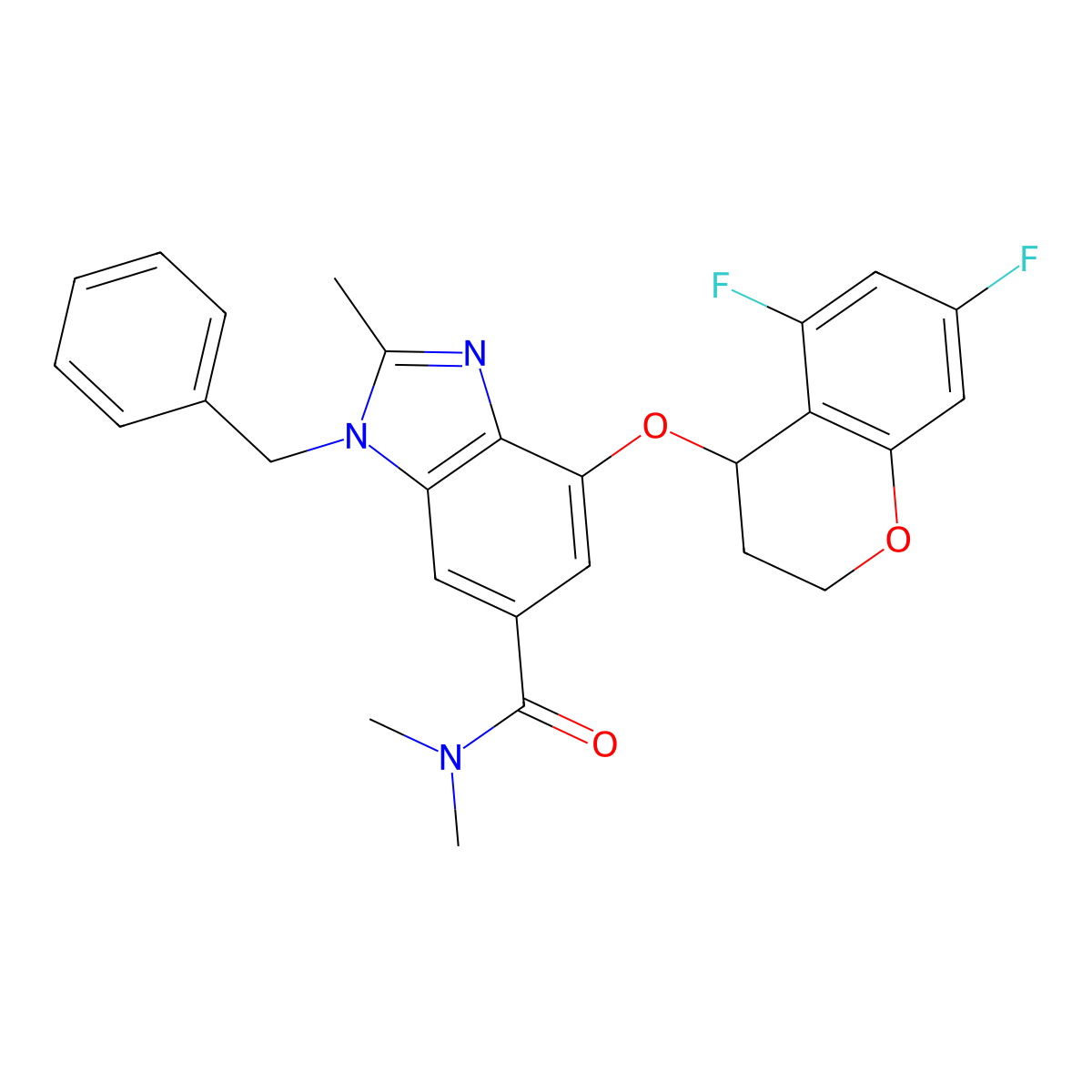 (S)-1-benzyl-4-((5,7-difluorochroman-4-yl)oxy)-N,N,2-trimethyl-1H-benzo[d]imidazole-6-carboxamide molecular structure, CAS 2975125-72-3