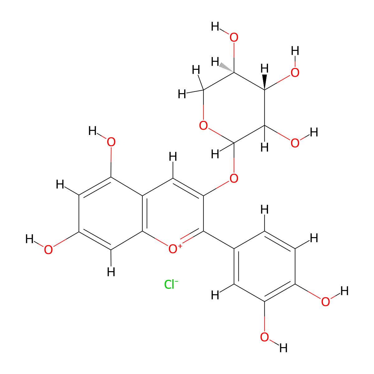 2-(3,4-Dihydroxyphenyl)-5,7-dihydroxy-1-benzopyran-1-ium-3-yl (2xi)-D-threo-pentopyranoside chloride molecular structure, CAS 29761-24-8