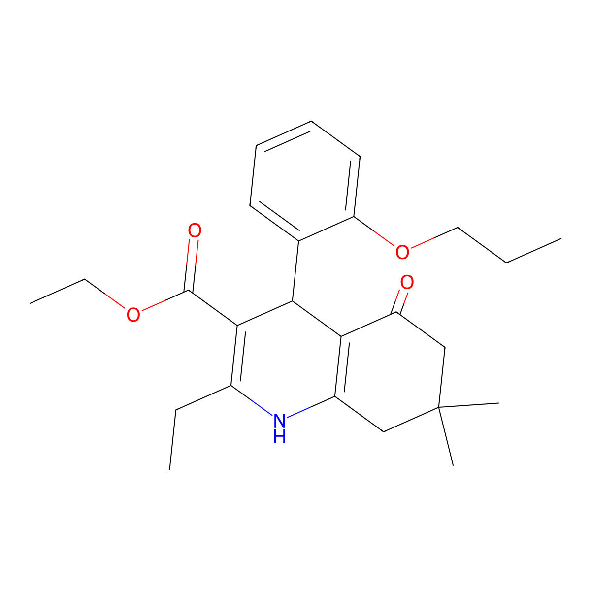 Ethyl 2-ethyl-7,7-dimethyl-5-oxo-4-(2-propoxyphenyl)-1,4,5,6,7,8-hexahydroquinoline-3-carboxylate molecular structure, CAS 297743-77-2