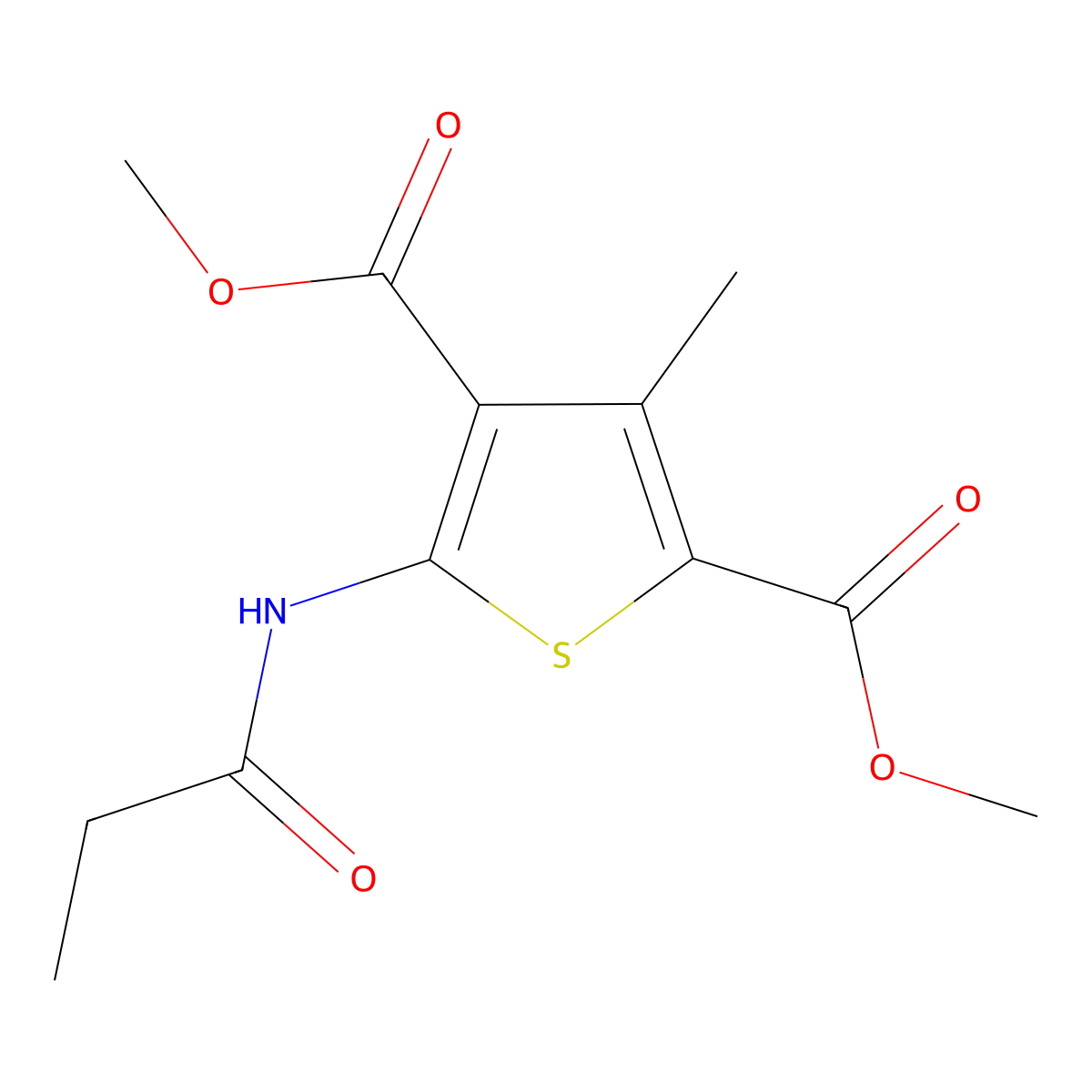 Dimethyl 3-methyl-5-(propanoylamino)thiophene-2,4-dicarboxylate molecular structure, CAS 297743-79-4