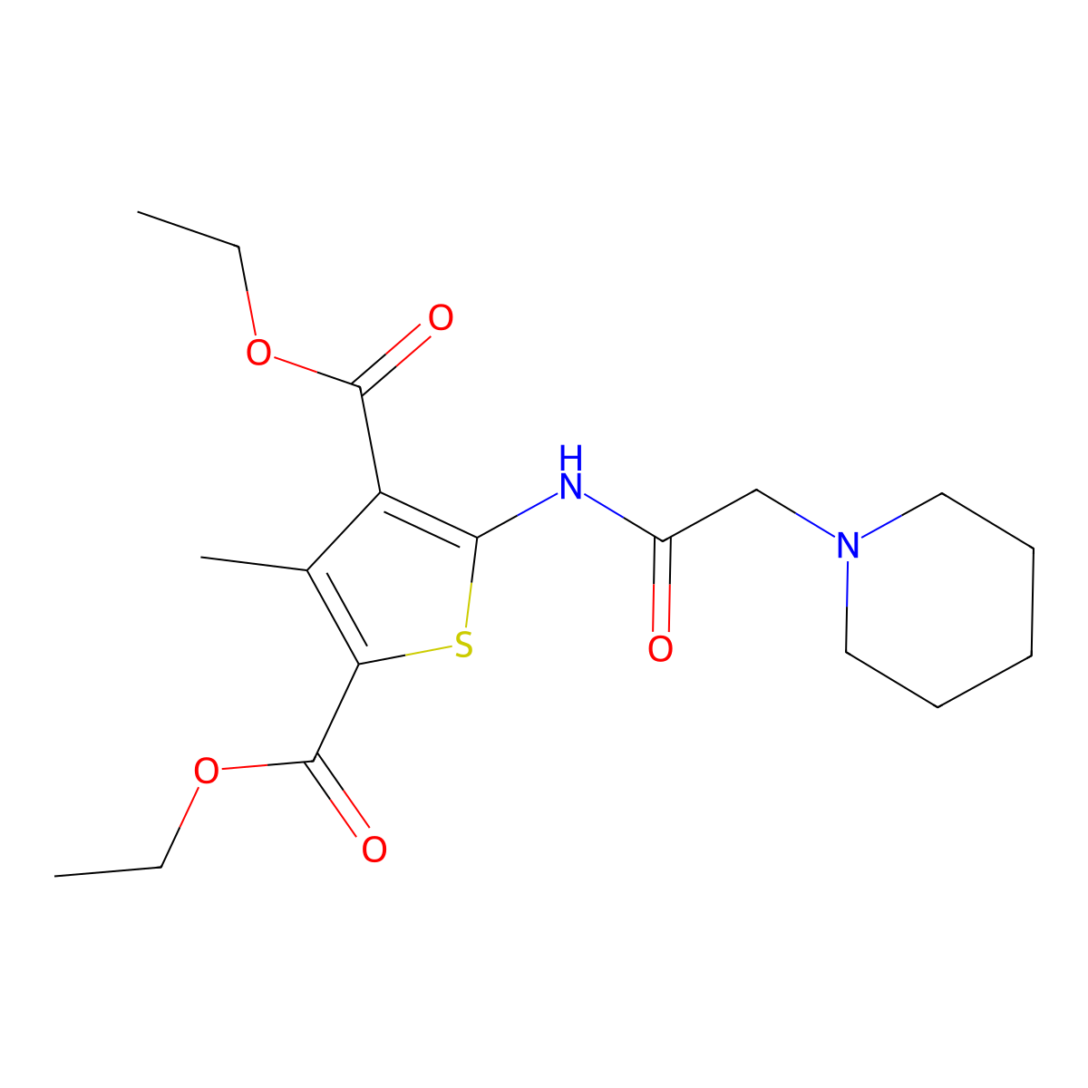 Diethyl 3-methyl-5-(2-(piperidin-1-yl)acetamido)thiophene-2,4-dicarboxylate molecular structure, CAS 297760-23-7