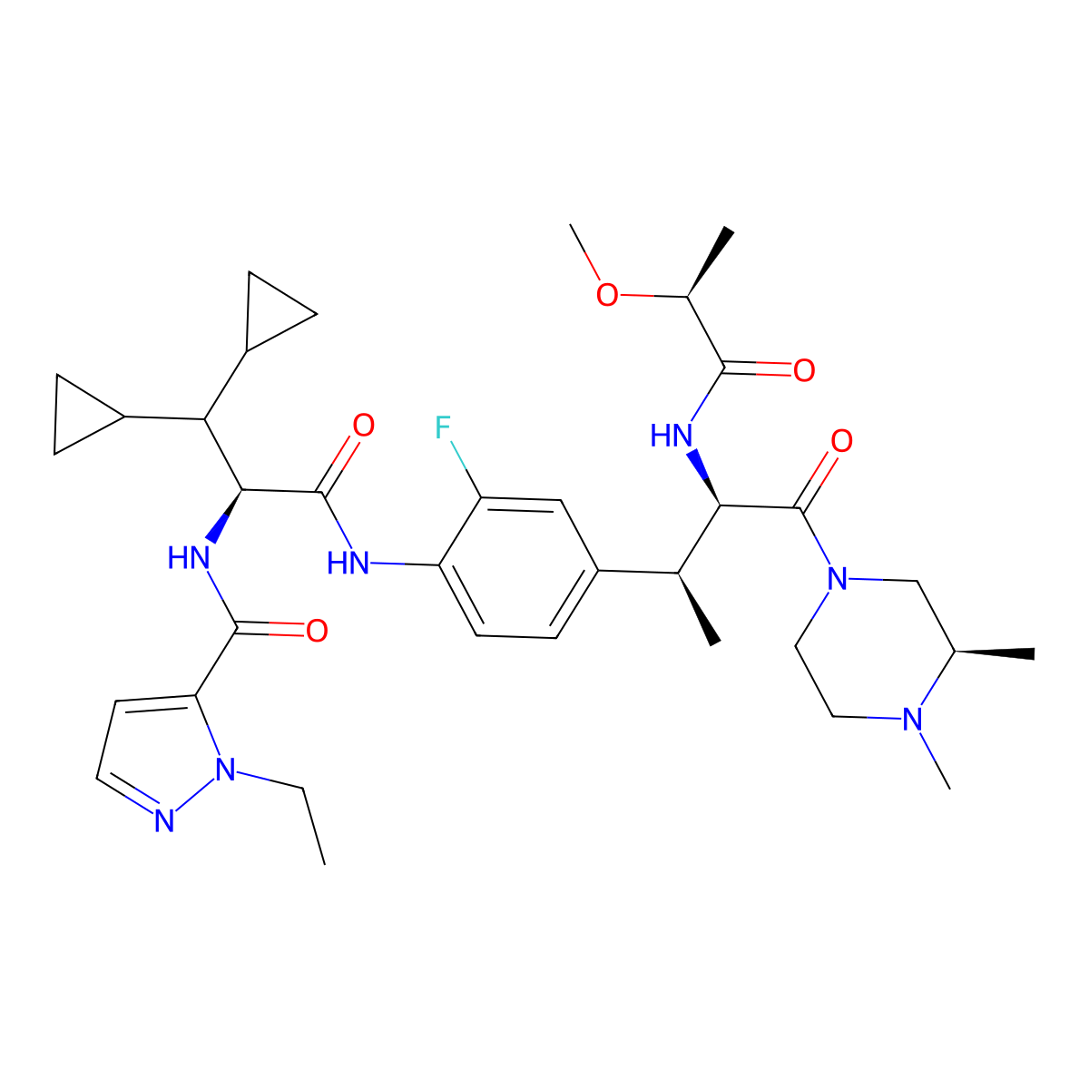 1H-Pyrazole-5-carboxamide, N-[(1S)-2,2-dicyclopropyl-1-[[[4-[(1S,2R)-3-[(3R)-3,4-dimethyl-1-piperazinyl]-2-[[(2S)-2-methoxy-1-oxopropyl]amino]-1-methyl-3-oxopropyl]-2-fluorophenyl]amino]carbonyl]ethyl]-1-ethyl- molecular structure, CAS 2978700-29-5