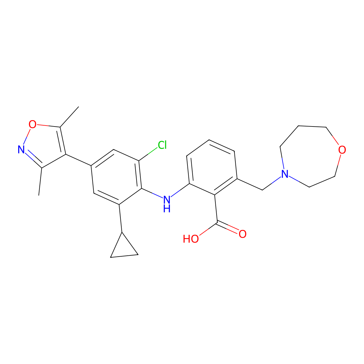 2-[2-Chloro-6-cyclopropyl-4-(3,5-dimethyl-1,2-oxazol-4-yl)anilino]-6-(1,4-oxazepan-4-ylmethyl)benzoic acid molecular structure, CAS 2980653-93-6