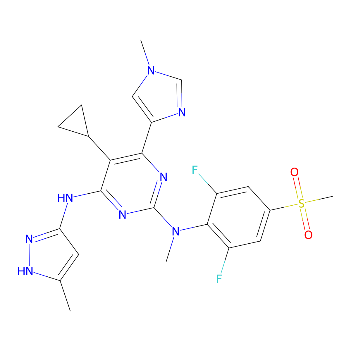 5-Cyclopropyl-N2-(2,6-difluoro-4-(methylsulfonyl)phenyl)-N2-methyl-6-(1-methyl-1H-imidazol-4-yl)-N4-(5-methyl-1H-pyrazol-3-yl)pyrimidine-2,4-diamine molecular structure, CAS 2980682-00-4