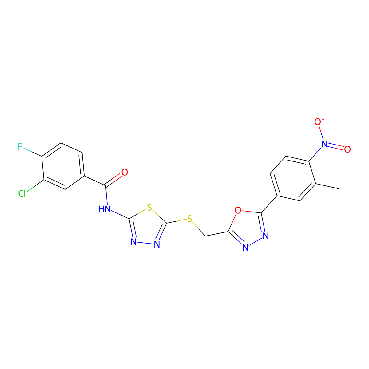 3-chloro-4-fluoro-N-(5-((5-(3-methyl-4-nitrophenyl)-1,3,4-oxadiazol-2-yl)methylthio)-1,3,4-thiadiazol-2-yl)benzamide molecular structure, CAS 298188-10-0