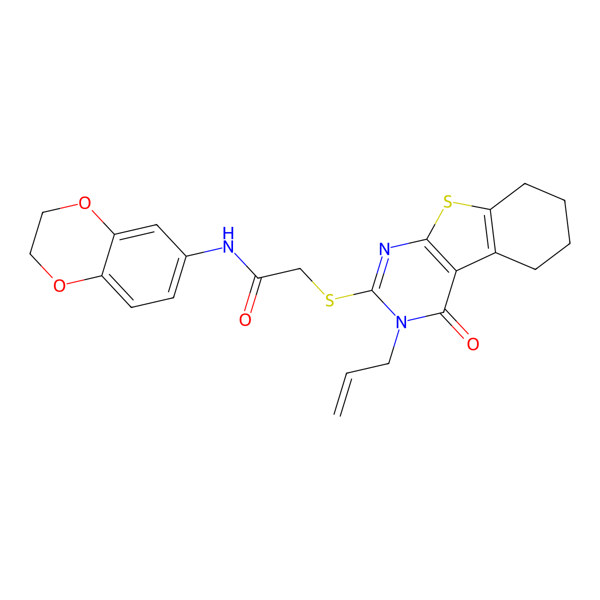 N-(2,3-dihydro-1,4-benzodioxin-6-yl)-2-{[4-oxo-3-(prop-2-en-1-yl)-3,4,5,6,7,8-hexahydro[1]benzothieno[2,3-d]pyrimidin-2-yl]sulfanyl}acetamide molecular structure, CAS 298208-06-7