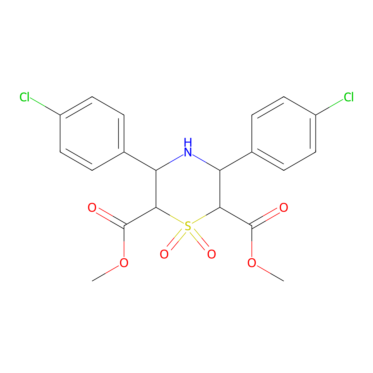 Dimethyl 3,5-bis(4-chlorophenyl)thiomorpholine-2,6-dicarboxylate 1,1-dioxide molecular structure, CAS 298216-81-6