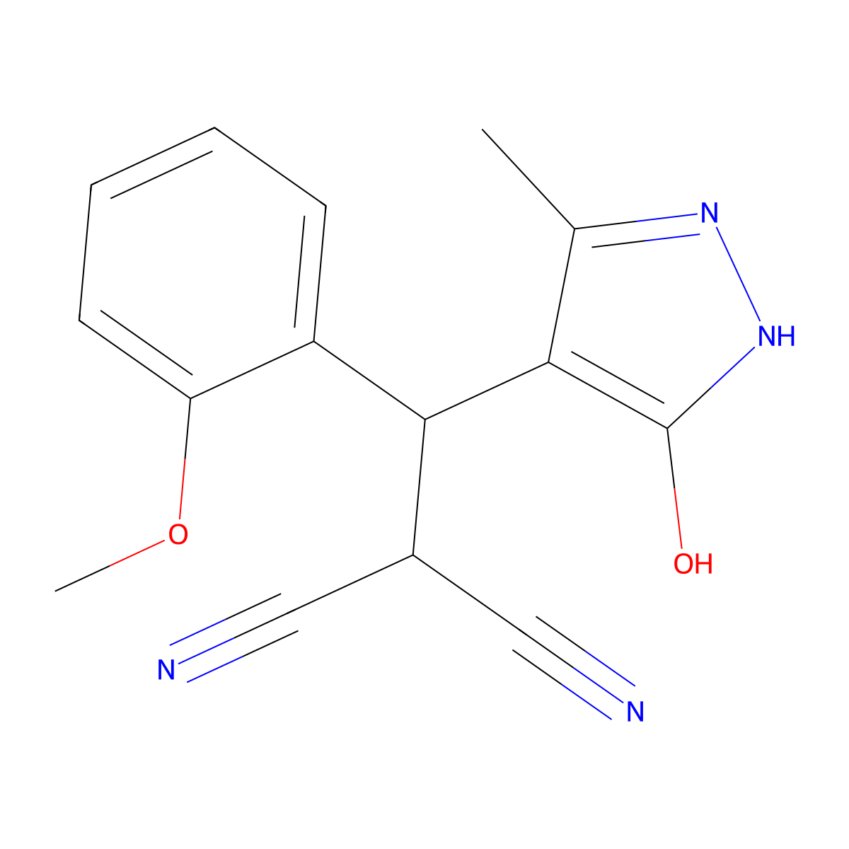 2-[(3-hydroxy-5-methyl-1H-pyrazol-4-yl)(2-methoxyphenyl)methyl]malononitrile molecular structure, CAS 298217-16-0