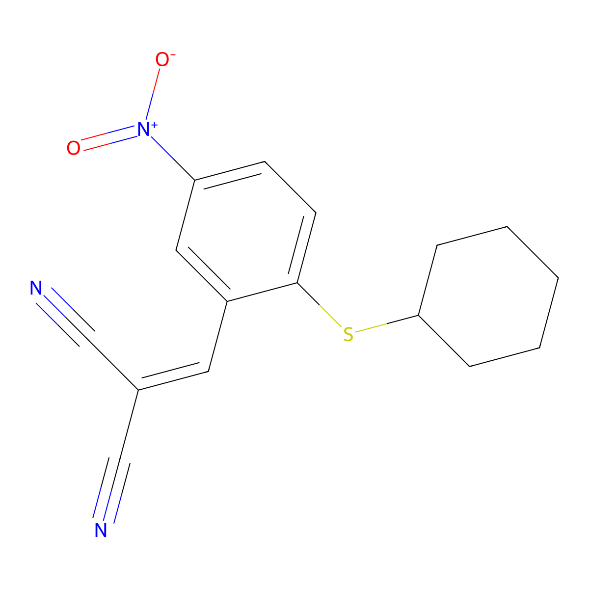 2-((2-(Cyclohexylsulfanyl)-5-nitrophenyl)methylene)malononitrile molecular structure, CAS 298217-74-0