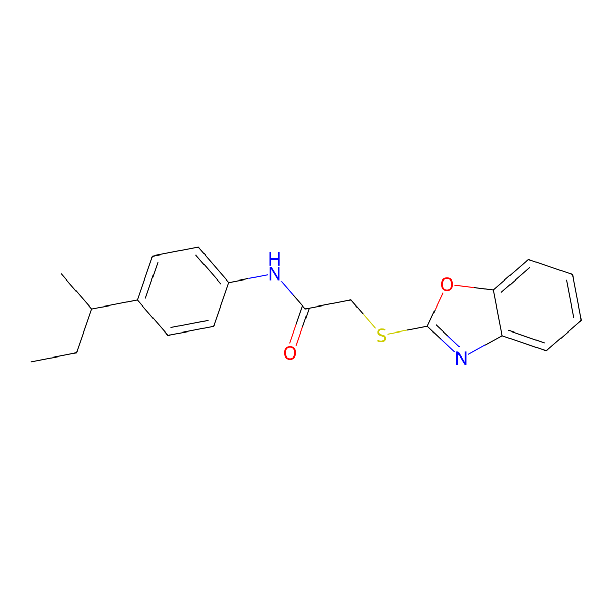 2-Benzoxazol-2-ylthio-N-(4-(1-methylpropyl)phenyl)ethanamide molecular structure, CAS 298217-90-0