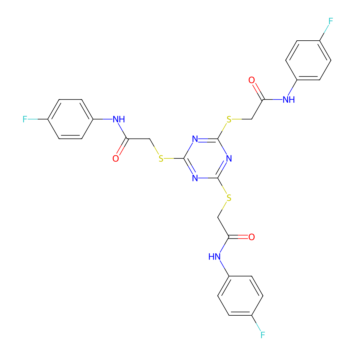 2-{[4,6-bis({[(4-fluorophenyl)carbamoyl]methyl}sulfanyl)-1,3,5-triazin-2-yl]sulfanyl}-N-(4-fluorophenyl)acetamide molecular structure, CAS 298218-16-3