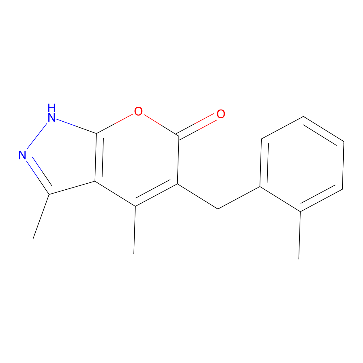 3,4-dimethyl-5-(2-methylbenzyl)pyrano[2,3-c]pyrazol-6(1H)-one molecular structure, CAS 298218-17-4