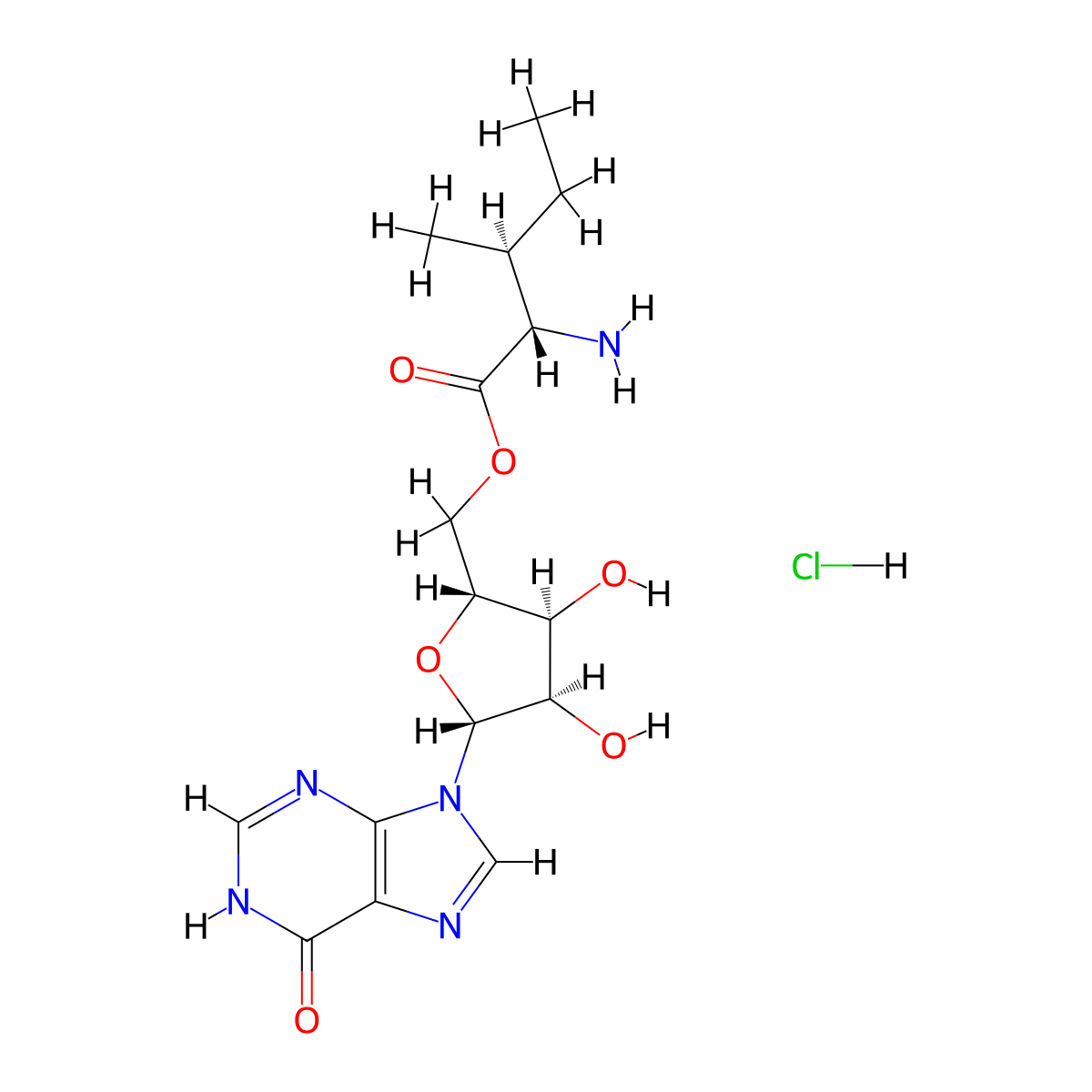 (2S,3S)-((2R,3S,4R,5R)-3,4-Dihydroxy-5-(6-hydroxy-9H-purin-9-YL)tetrahydrofuran-2-YL)methyl 2-amino-3-methylpentanoate hydrochloride molecular structure, CAS 2982732-41-0