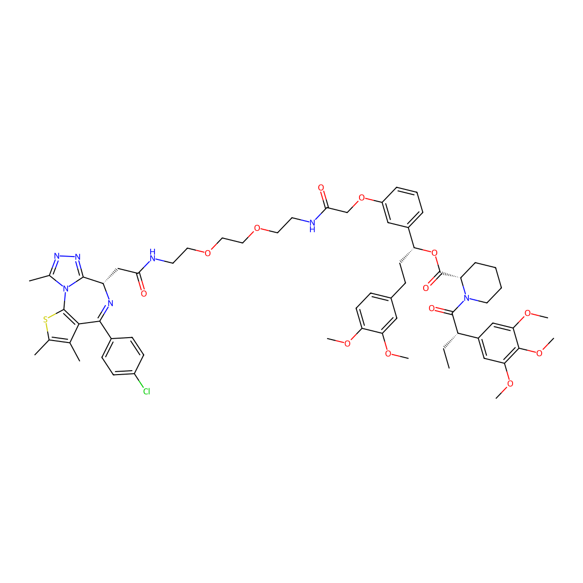 [(1R)-1-[3-[2-[2-[2-[2-[[2-[(9S)-7-(4-chlorophenyl)-4,5,13-trimethyl-3-thia-1,8,11,12-tetrazatricyclo[8.3.0.02,6]trideca-2(6),4,7,10,12-pentaen-9-yl]acetyl]amino]ethoxy]ethoxy]ethylamino]-2-oxoethoxy]phenyl]-3-(3,4-dimethoxyphenyl)propyl] (2S)-1-[(2S)-2-(3,4,5-trimethoxyphenyl)butanoyl]piperidine-2-carboxylate molecular structure, CAS 2982819-94-1