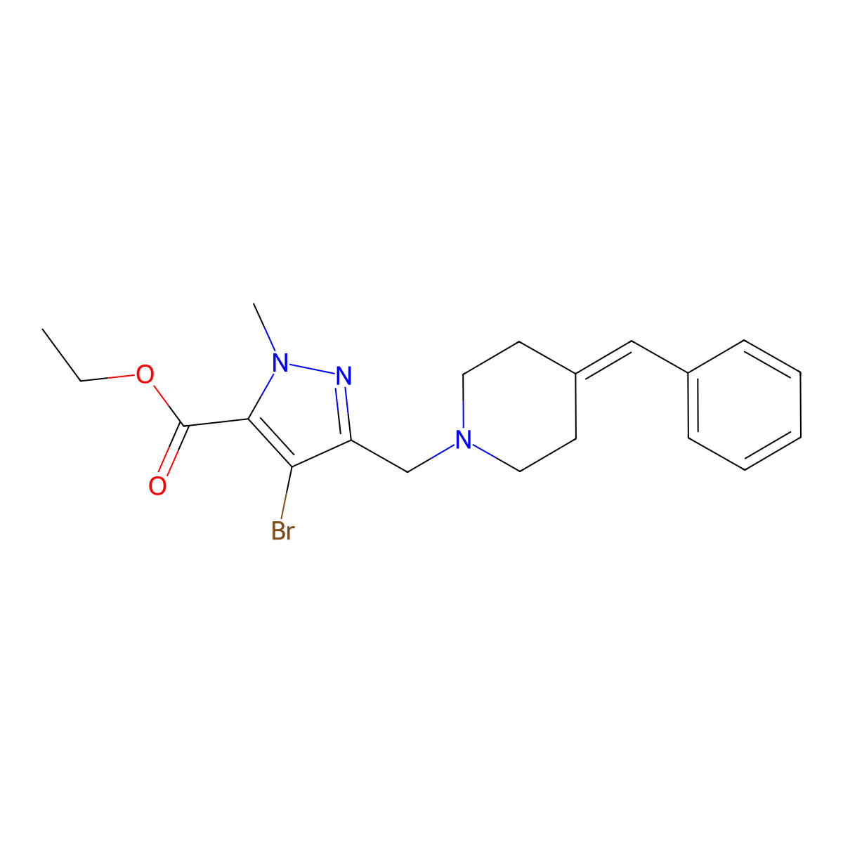 ethyl 4-bromo-1-methyl-3-{[4-(phenylmethylidene)piperidin-1-yl]methyl}-1H-pyrazole-5-carboxylate molecular structure, CAS 2983002-88-4