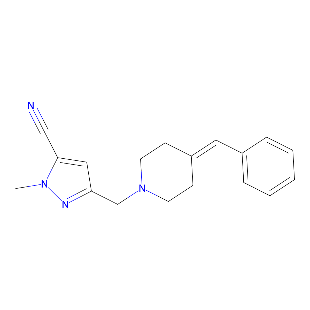 1-methyl-3-{[4-(phenylmethylidene)piperidin-1-yl]methyl}-1H-pyrazole-5-carbonitrile molecular structure, CAS 2983002-89-5