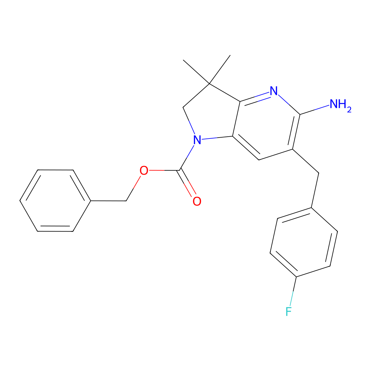 Benzyl 5-amino-6-(4-fluorobenzyl)-3,3-dimethyl-2,3-dihydro-1H-pyrrolo[3,2-b]pyridine-1-carboxylate molecular structure, CAS 2983535-96-0