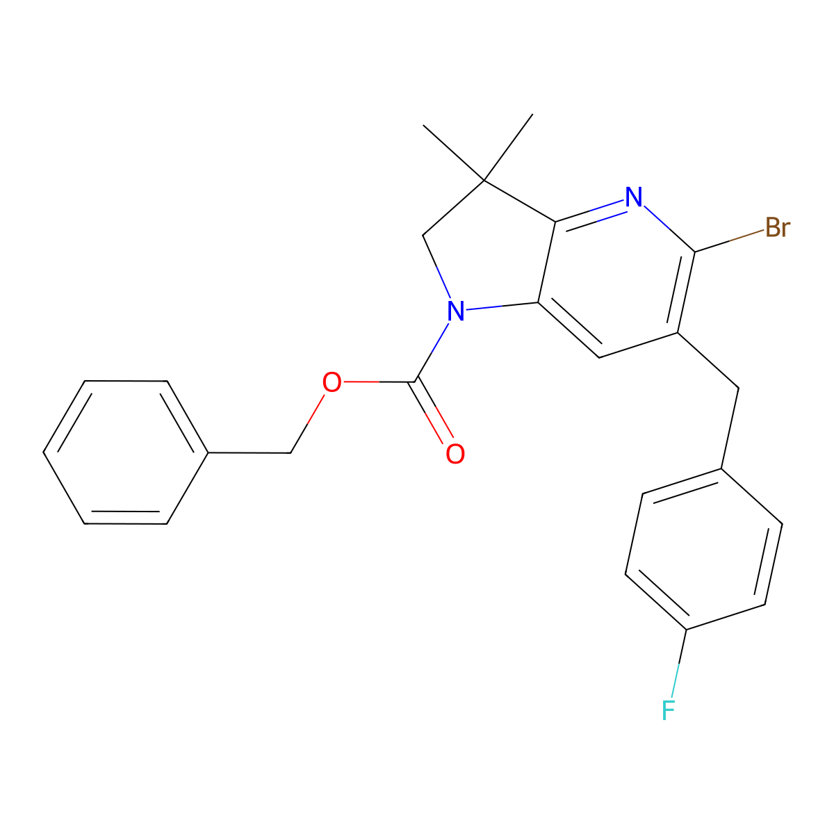 Benzyl 5-bromo-6-(4-fluorobenzyl)-3,3-dimethyl-2,3-dihydro-1H-pyrrolo[3,2-b]pyridine-1-carboxylate molecular structure, CAS 2983536-32-7