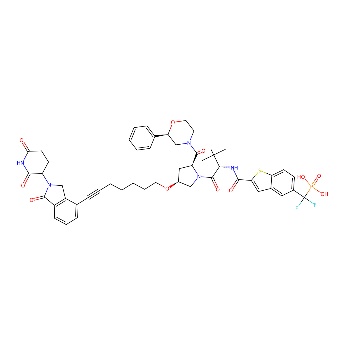 ((2-(((2S)-1-((2S,4S)-4-((7-(2-(2,6-Dioxopiperidin-3-yl)-1-oxoisoindolin-4-yl)hept-6-yn-1-yl)oxy)-2-((R)-2-phenylmorpholine-4-carbonyl)pyrrolidin-1-yl)-3,3-dimethyl-1-oxobutan-2-yl)carbamoyl)benzo[b]thiophen-5-yl)difluoromethyl)phosphonic acid molecular structure, CAS 2984505-88-4