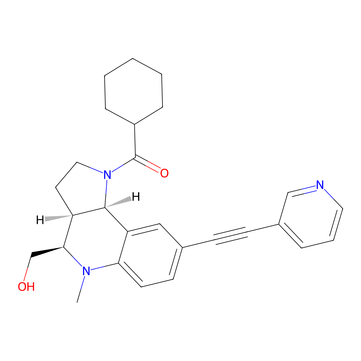 [(3aS,4R,9bR)-4-(hydroxymethyl)-5-methyl-8-[2-(3-pyridinyl)ethynyl]-3,3a,4,9b-tetrahydro-2H-pyrrolo[3,2-c]quinolin-1-yl]-cyclohexylmethanone molecular structure, CAS 2986118-54-9