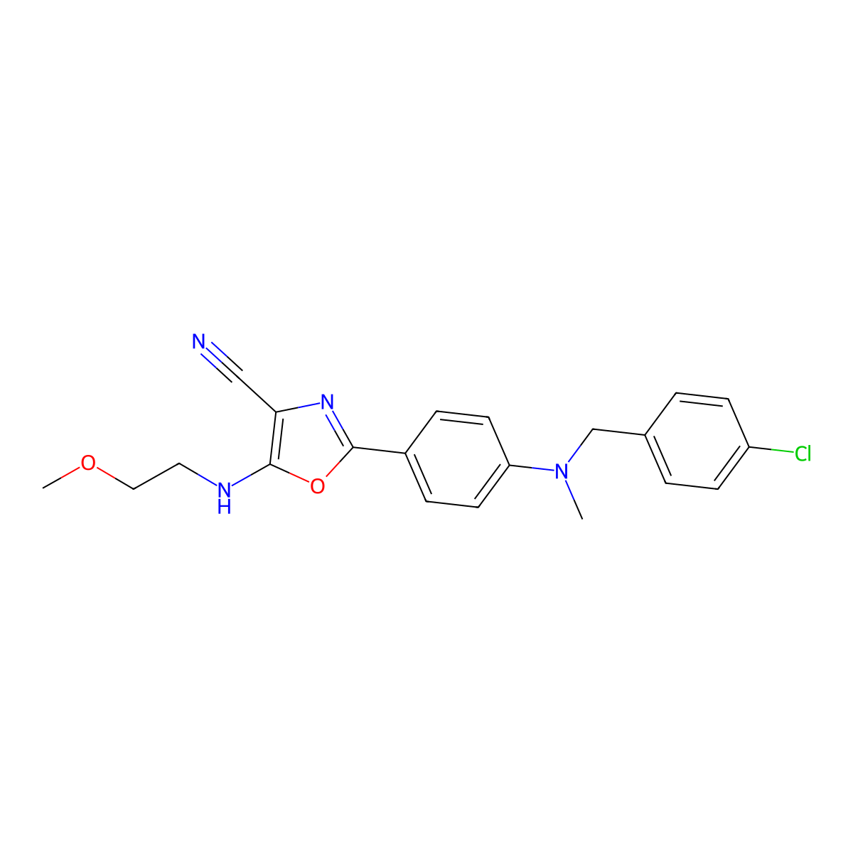 2-[4-[(4-Chlorophenyl)methyl-methylamino]phenyl]-5-(2-methoxyethylamino)-1,3-oxazole-4-carbonitrile molecular structure, CAS 2986733-57-5